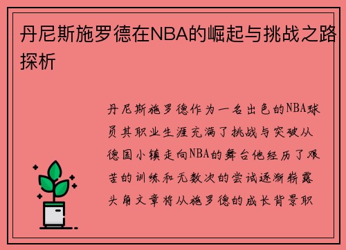 丹尼斯施罗德在NBA的崛起与挑战之路探析