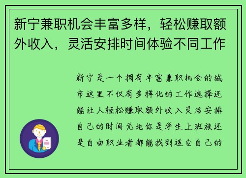 新宁兼职机会丰富多样，轻松赚取额外收入，灵活安排时间体验不同工作