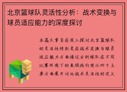 北京篮球队灵活性分析：战术变换与球员适应能力的深度探讨