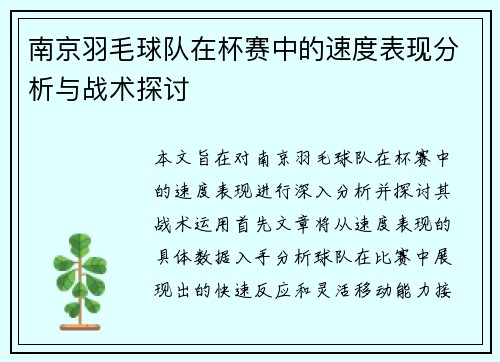 南京羽毛球队在杯赛中的速度表现分析与战术探讨