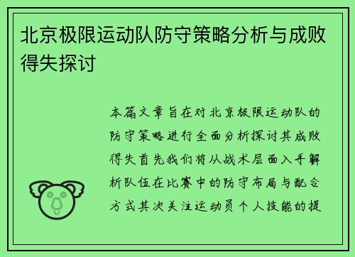 北京极限运动队防守策略分析与成败得失探讨