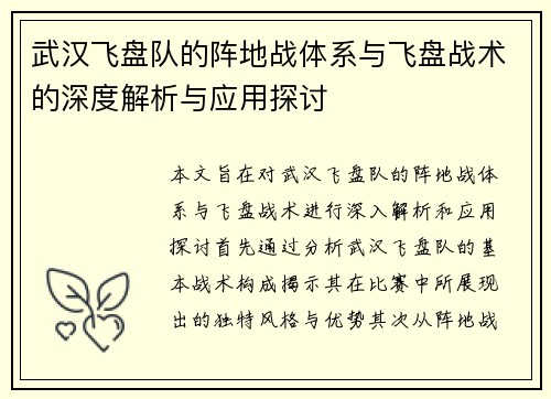 武汉飞盘队的阵地战体系与飞盘战术的深度解析与应用探讨