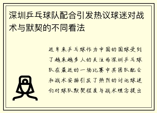 深圳乒乓球队配合引发热议球迷对战术与默契的不同看法