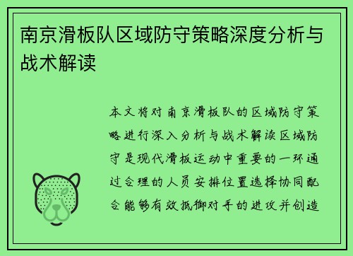 南京滑板队区域防守策略深度分析与战术解读